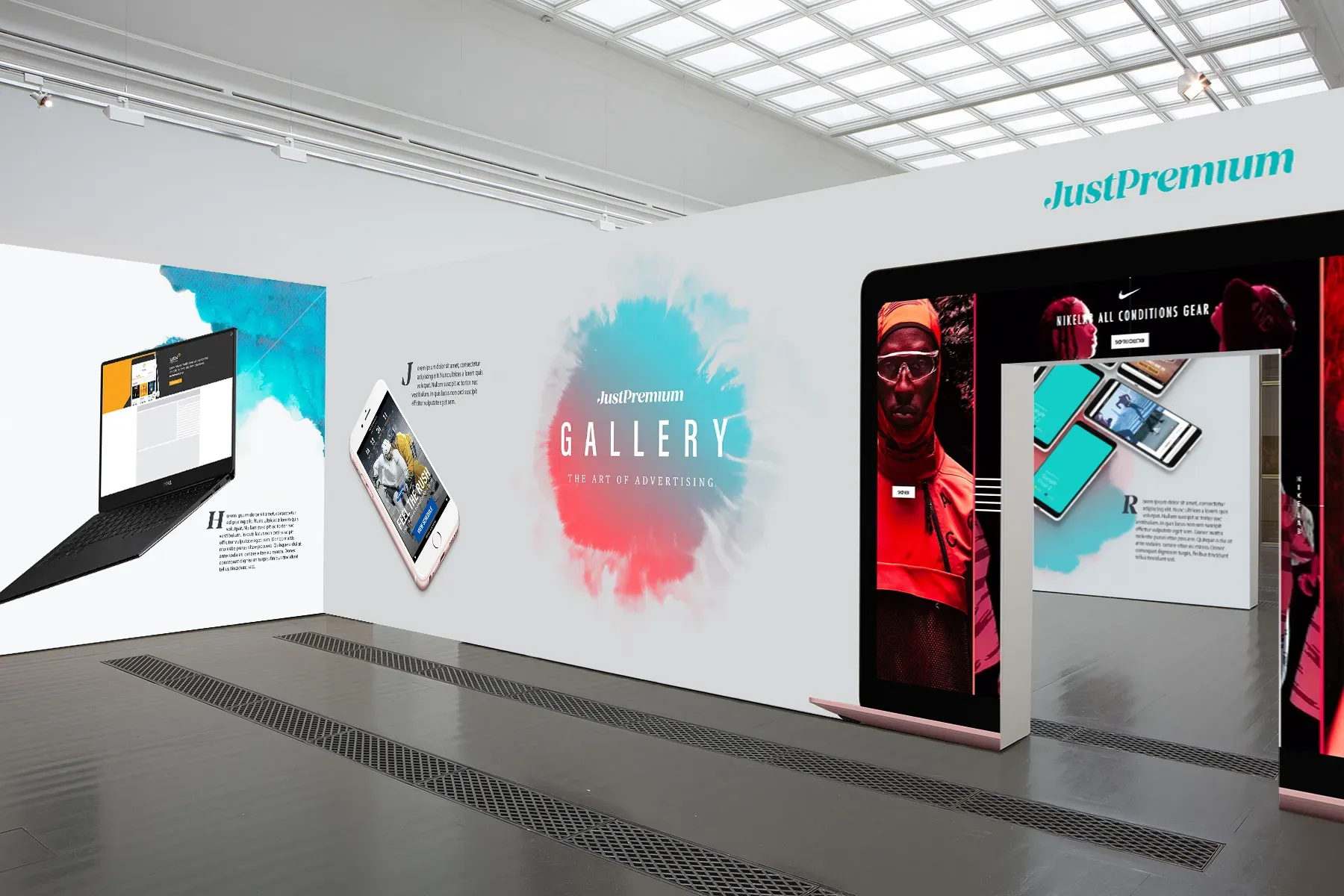 JustPremium Gallary concept with its ink drop logo, inspired by art gallaries