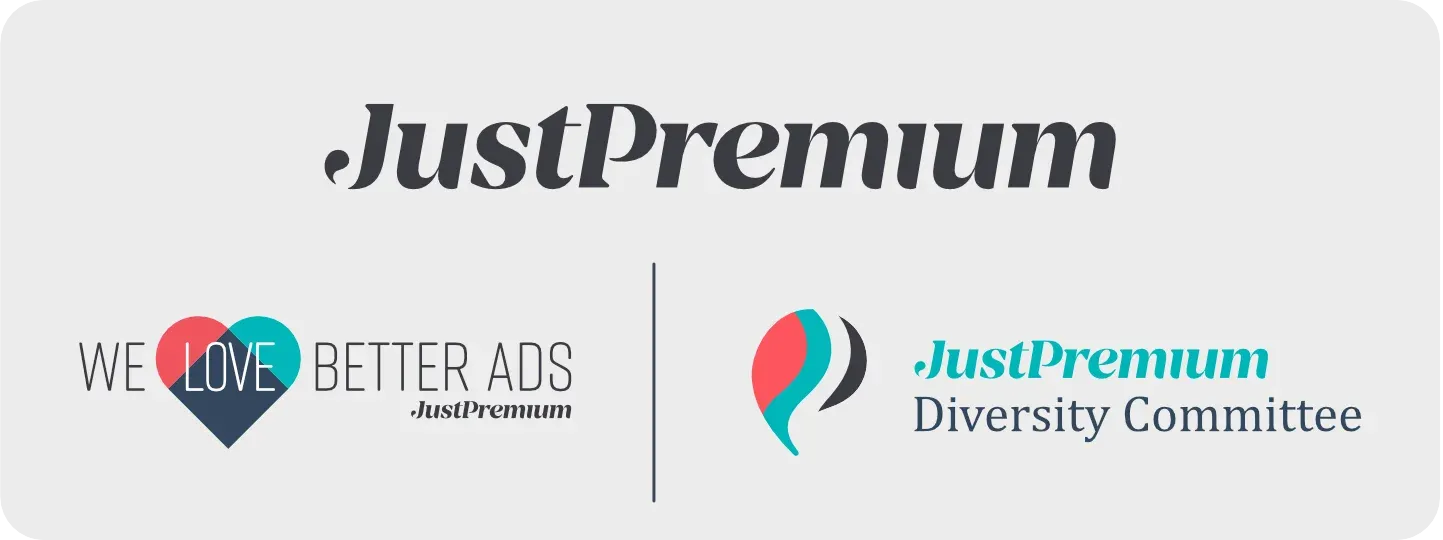 JustPremium logo and the logos of two sub "brands". We Love Better Ads, and JustPremium Diversity Committee
