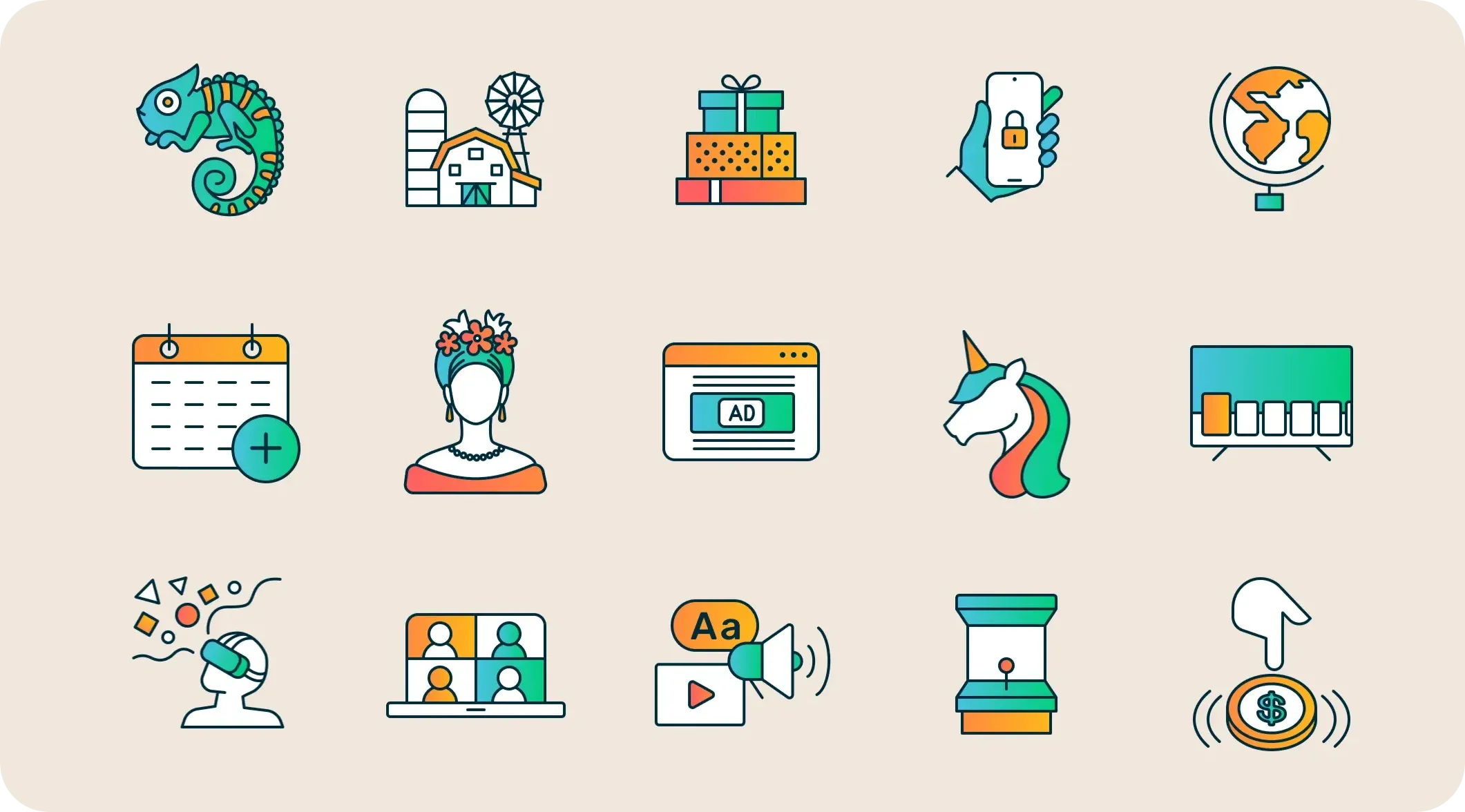 A grid icons from GumGum’s library. From left to right we have, a chameleon, a farmhouse/barn, stack of gifts, hand holding a phone with a padlock on, a globe; A calendar with a plus, a person with a headscarf and flower crown, webpage with interstitial ad, a unicorn, video streaming platform; virtual reality, a video call meeting, brand awareness, an arcade game and a finger pressing down on a coin button (visualising Cost-Per-Click)