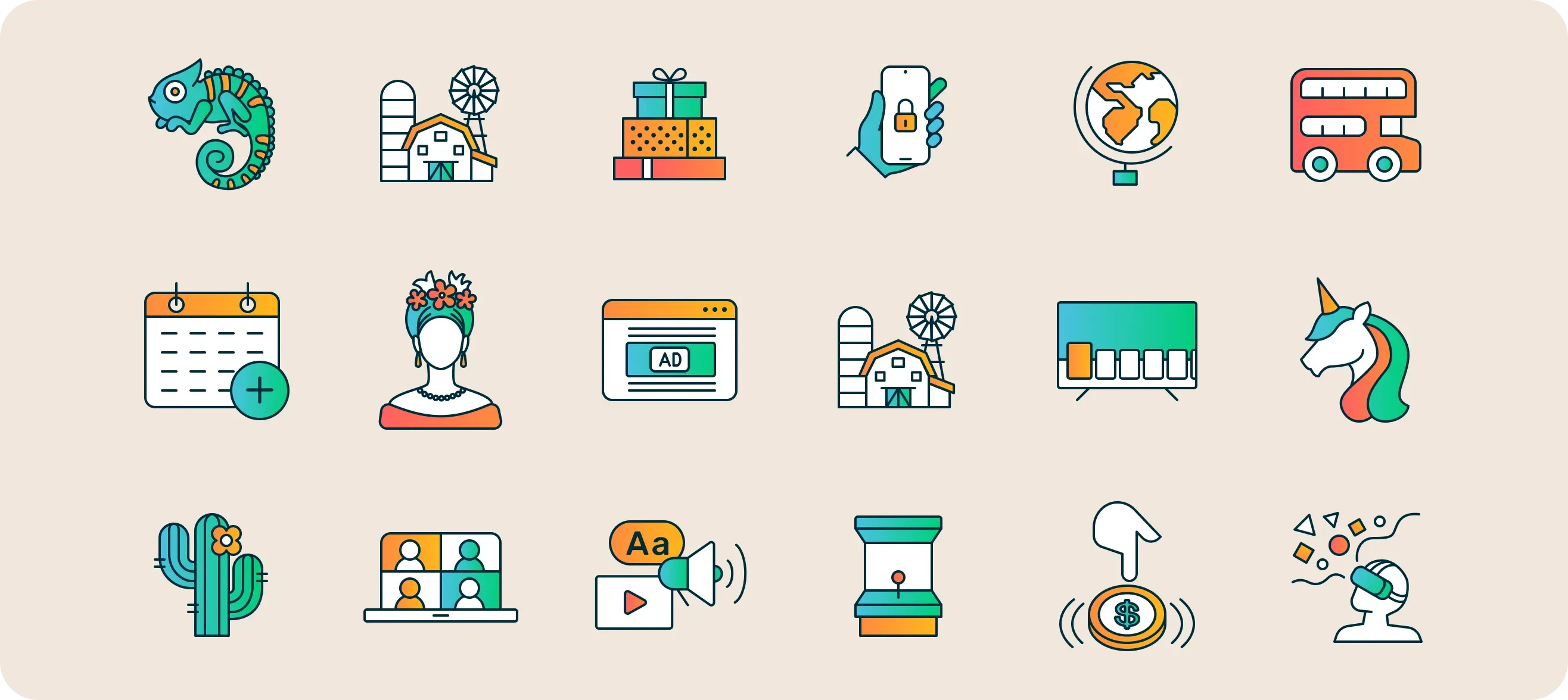 A grid of some of the icons from GumGum&#x27;s library including a chameleon, a cactus, a video call meeting, an arcade game, and a streaming platform UI