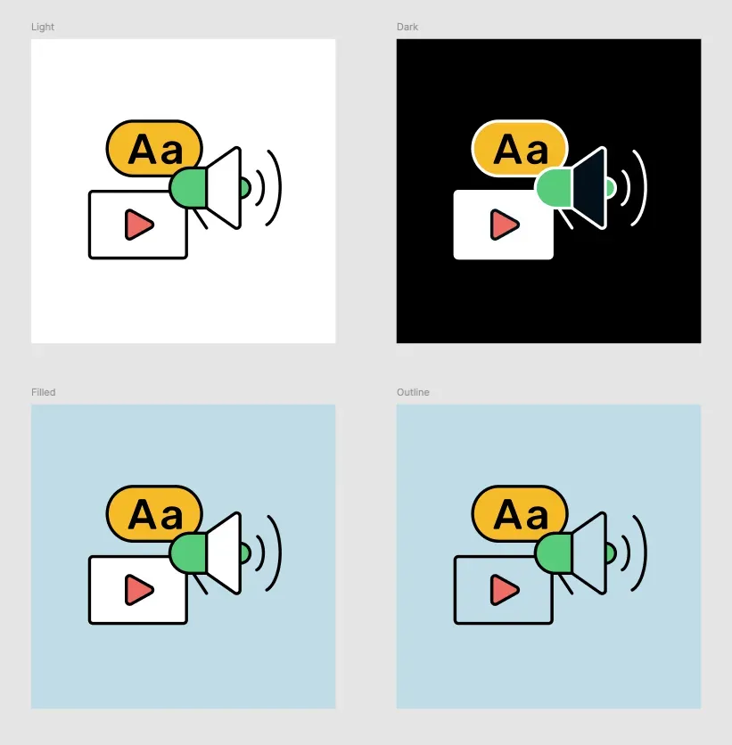 Screenshot showing the four icon themes/states. From left to right; light, dark, filled and outline.