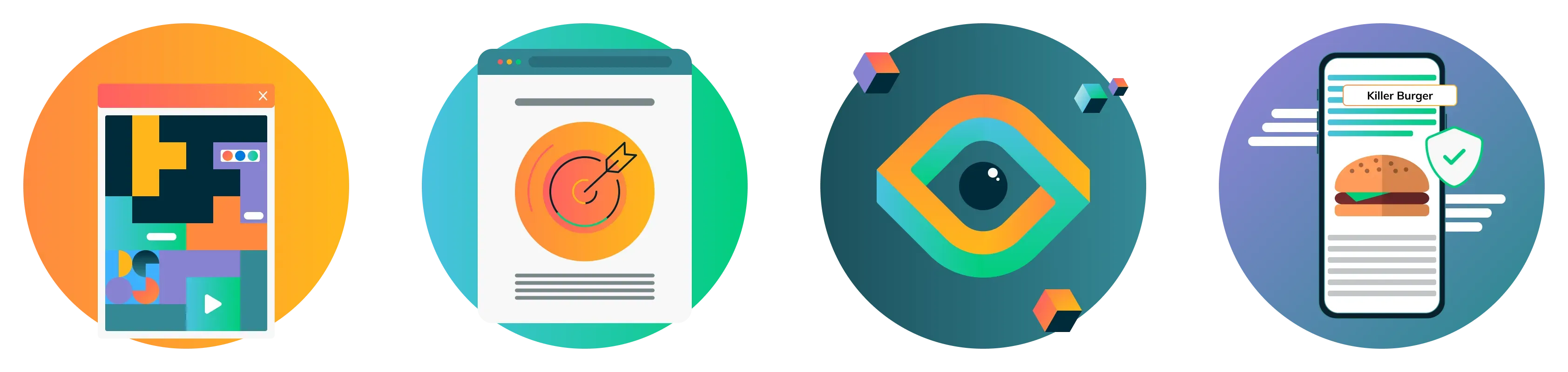 Four of the illustrations that I updated and unified. A UI showing tetris like pieces fitting together; KPIs; an impossible shaped eye; an example of contextual relevance.